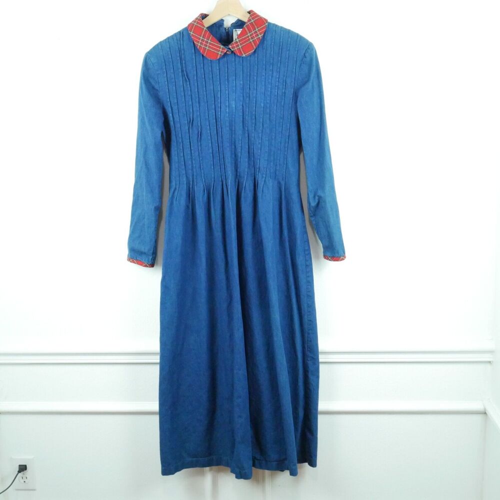 Vintage Blue Midi Dress with Red Plaid Collar